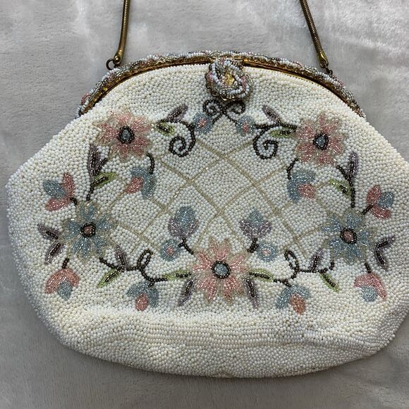 Vintage 50s Ed B. Robinson Micro Bead Handbag Made In France Floral Coquette - Picture 2 of 16